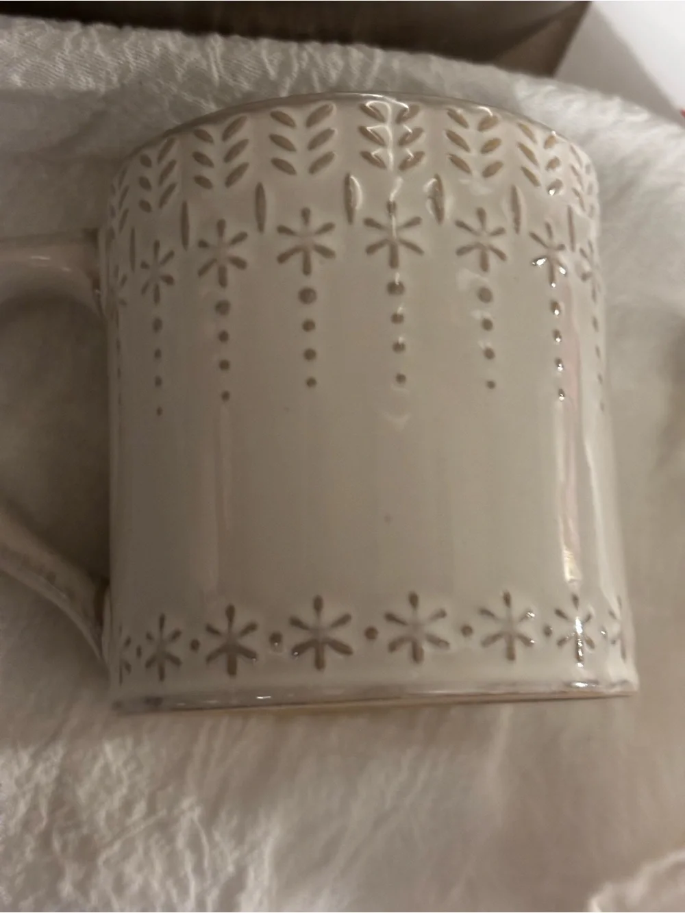 Anthropologie Christmas Coffee Cup Mug N Monogram WinterHouse Snowflake Embossed